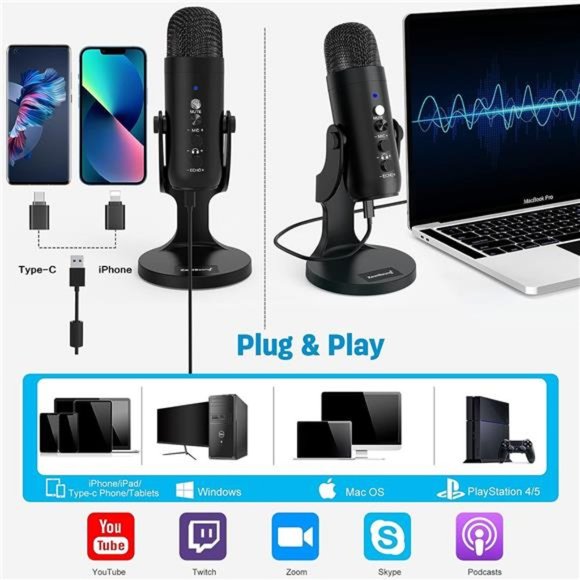 USB Microphone,Condenser Computer PC Mic,Plug&Play Gaming Microphones for PS 4&5 - Picture 2 of 6